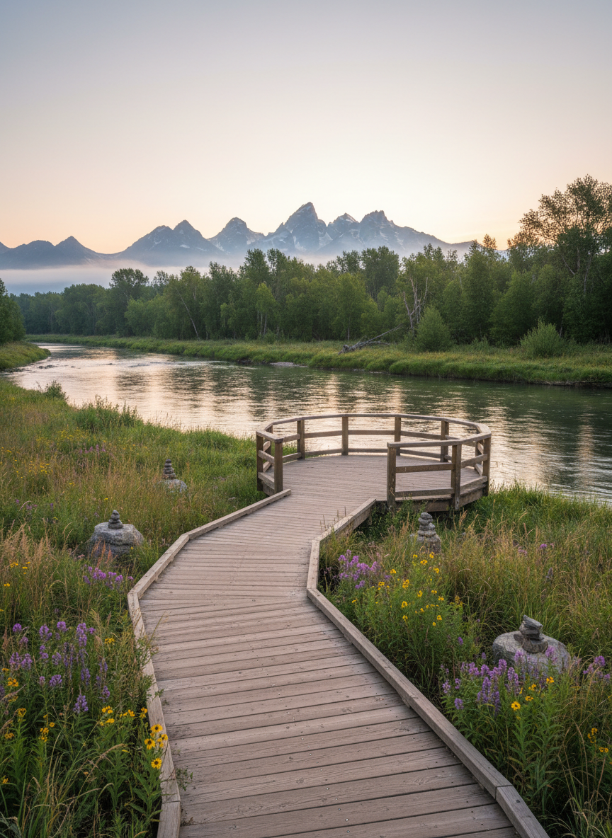 A high-resolution, photographic realism scene of a quiet Teton County riverbank at sunrise, symbolizing a sustainable, locally guided future. Clear, slow-moving water reflects the pale pink and gold hues of the early sky, with subtle ripples catching the light. In the foreground, a well-built wooden footpath and simple viewing platform blend into the landscape, bordered by native grasses, wildflowers, and small interpretive markers rendered without any readable text. Cottonwoods and willows line the opposite bank, with the Tetons faintly visible beyond. Soft, low-angle sunlight creates a serene, hopeful atmosphere. The composition uses rule of thirds, placing the walkway in the lower frame and mountains above, conveying careful stewardship, balanced growth, and respect for Teton County’s natural heritage.