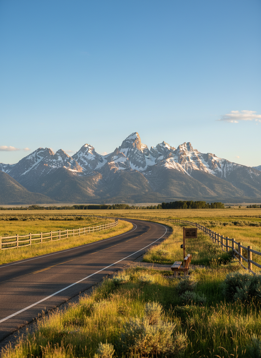 A wide, photographic realism landscape of Teton County, Wyoming, with the snow-dusted Teton Range rising sharply under a clear blue sky. In the foreground, a well-maintained two-lane county road curves gently through golden sagebrush and green hay fields, with neat wooden fence lines leading the eye toward the mountains. A small, unobtrusive roadside sign and a simple wooden bench hint at thoughtful local governance without using text or people. Late afternoon golden hour light washes the scene, creating long, soft shadows and a calm, trustworthy mood. Shot from a slightly elevated, wide-angle perspective with sharp focus throughout, conveying stability, Wyoming values, and a sense of locally guided direction for the community’s future.