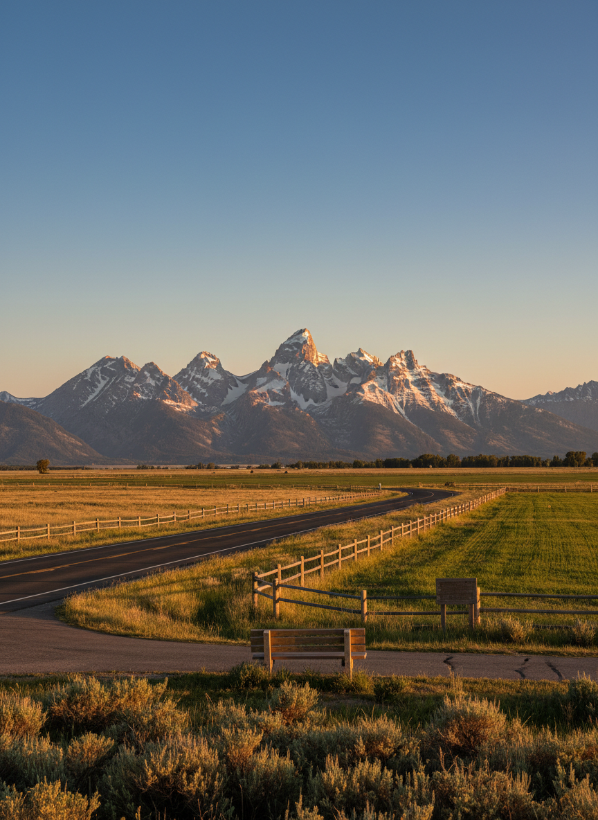A wide, photographic realism landscape of Teton County, Wyoming, with the snow-dusted Teton Range rising sharply under a clear blue sky. In the foreground, a well-maintained two-lane county road curves gently through golden sagebrush and green hay fields, with neat wooden fence lines leading the eye toward the mountains. A small, unobtrusive roadside sign and a simple wooden bench hint at thoughtful local governance without using text or people. Late afternoon golden hour light washes the scene, creating long, soft shadows and a calm, trustworthy mood. Shot from a slightly elevated, wide-angle perspective with sharp focus throughout, conveying stability, Wyoming values, and a sense of locally guided direction for the community’s future.