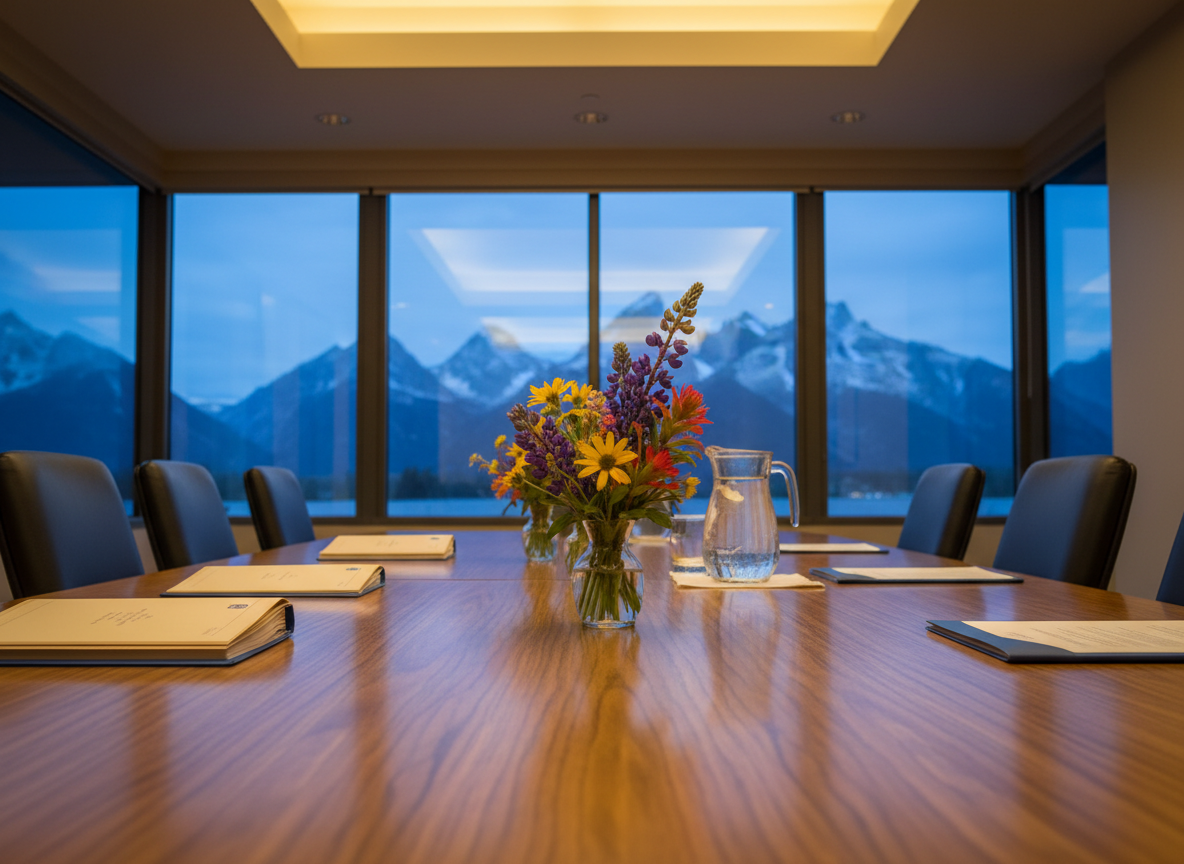 An interior, photographic realism scene of a modest yet dignified Teton County meeting space, designed for local government and civic discussions. A long, polished wooden table with visible grain stretches toward large windows that reveal a subtle view of the Tetons at dusk. On the table sit neatly arranged folders, a simple glass pitcher of water, and small vases of local wildflowers, all carefully placed to avoid any text or logos. Soft, warm overhead lighting combines with the cool blue twilight outside, creating a balanced, thoughtful atmosphere. Captured from a low, slightly angled perspective along the table’s edge, the composition draws the viewer into the space, suggesting respectful debate, practical decision-making, and community-first leadership rooted in Wyoming values.