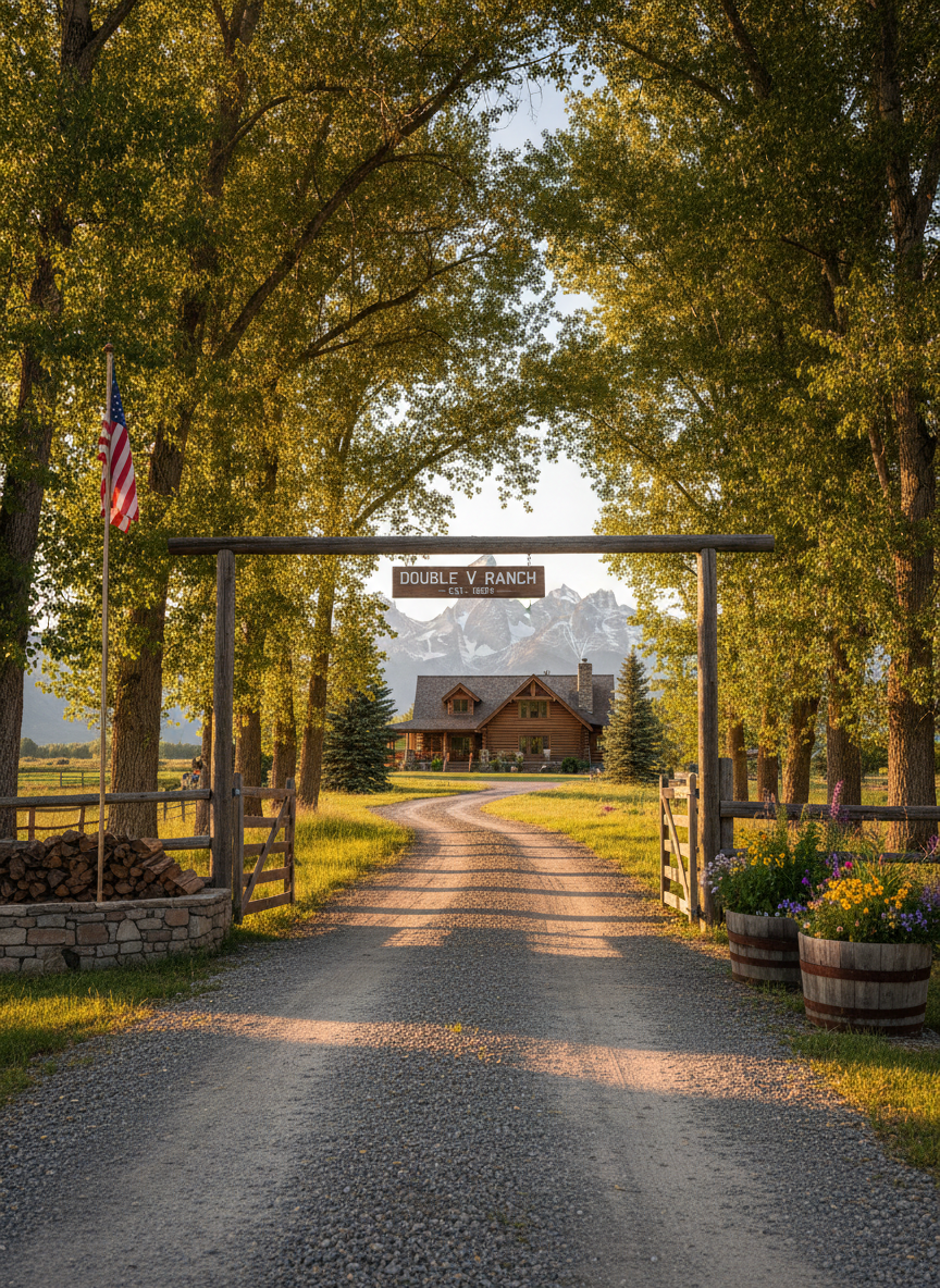 A photographic realism image of a traditional Teton County ranch driveway leading up to a sturdy, well-kept home, framed by towering cottonwood trees in late summer. A gravel lane with tire tracks and a classic wooden gate opens onto neatly stacked firewood, a small American flag on a simple pole, and planters brimming with regional flowers. The distant Tetons rise beyond the property, tying the homestead to the larger landscape. Warm, slanting evening light filters through the cottonwood leaves, creating dappled patterns on the driveway and a sense of safety, continuity, and family. Shot from just inside the open gate at eye level with a natural, balanced composition, the image conveys rootedness, multigenerational Jackson Hole life, and commitment to preserving local character through thoughtful county leadership.