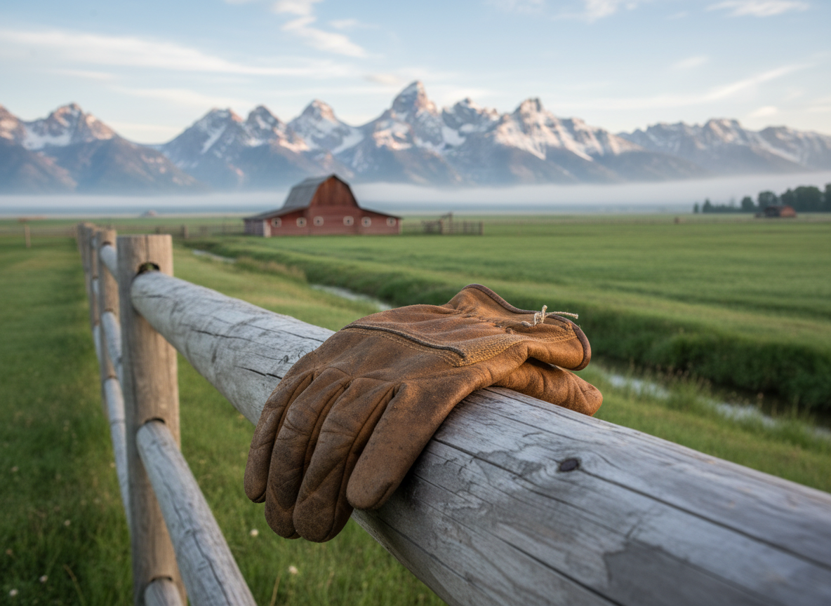 A close, photographic realism view of a rugged, well-used leather work glove resting on the smooth wooden rail of a split-rail fence, overlooking open pastureland and the distant Teton Range. The glove’s creases, scuffs, and sun-faded brown tones suggest generations of hard work and stewardship of the land. Behind it, rolling fields, an irrigation ditch, and a red barn sit under soft, diffused morning light, with thin mist lifting off the grass. Shot with a shallow depth of field that keeps the glove and fence rail in crisp focus while gently blurring the background, the composition symbolizes Wyoming values of responsibility, perseverance, and hands-on care for Teton County’s locally shaped future.