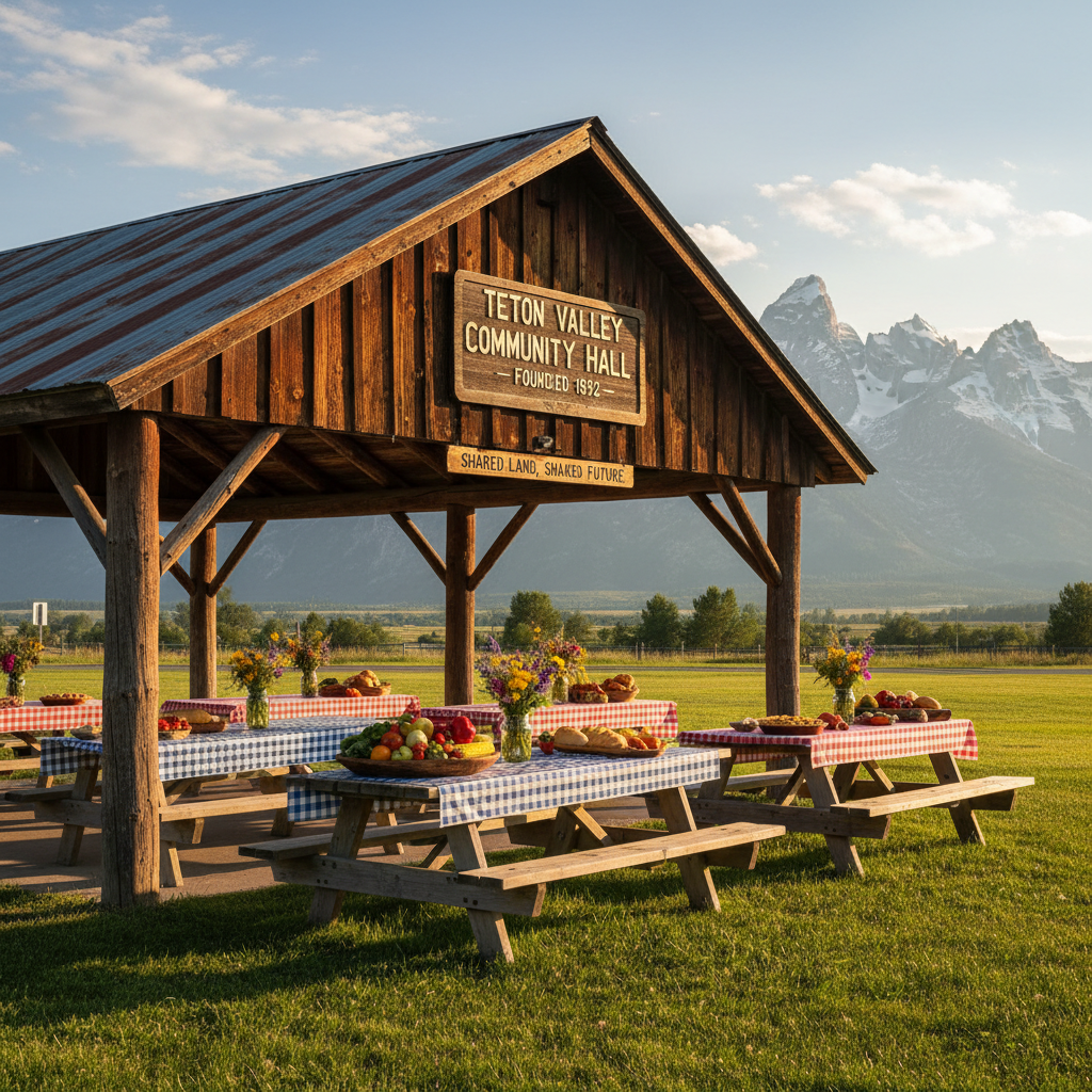 A detailed, photographic realism image of a classic Teton County community gathering space: a weathered wooden pavilion beside a lush green park, framed by the distant Teton Range and a bright, open sky. Sturdy picnic tables hold checkered cloths, mason jars with wildflowers, and platters of local produce and simple food, suggesting a vibrant gathering without any visible people. Warm early evening sunlight filters under the pavilion roof, casting gentle shadows and a welcoming, neighborly atmosphere. Captured at eye level with a balanced composition that places the pavilion on one third and the mountains on the other, the image evokes authentic Jackson Hole community life, conservative local pride, and a sense of shared Wyoming heritage and responsibility.